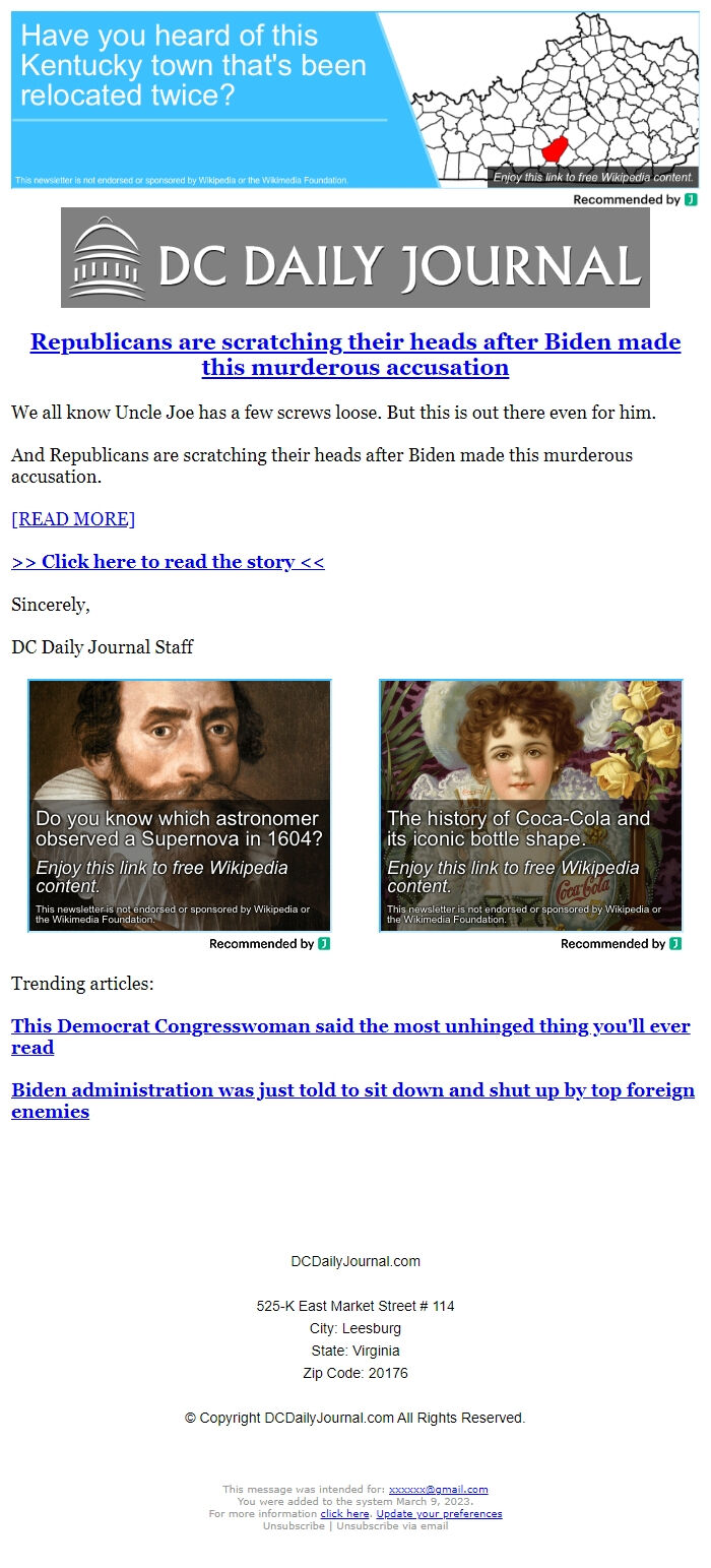 Screenshot of the email generated on import