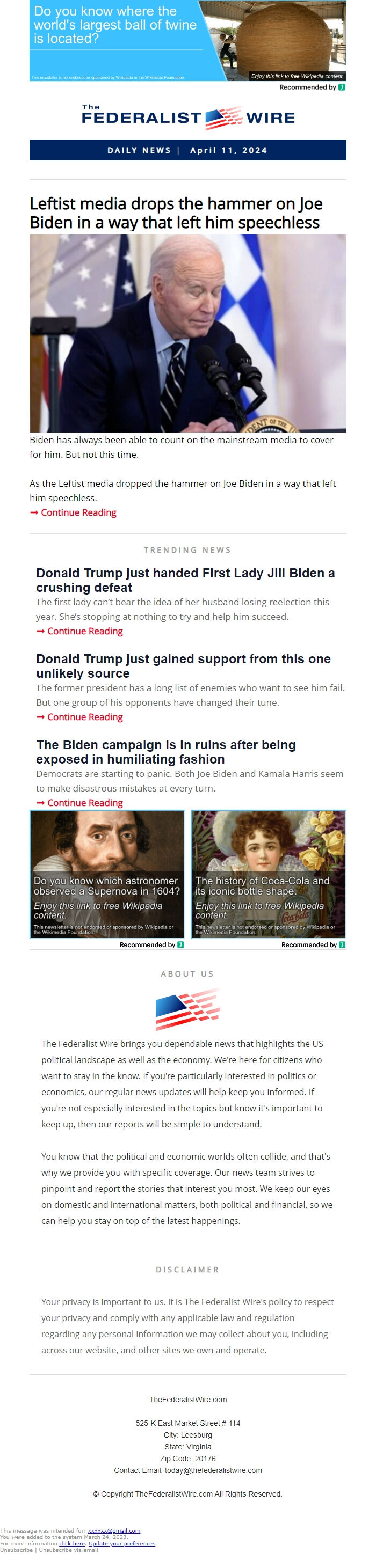 Screenshot of the email generated on import