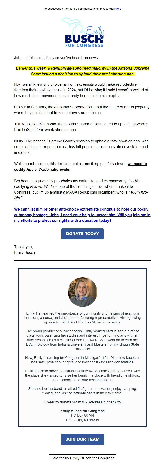 Screenshot of the email generated on import