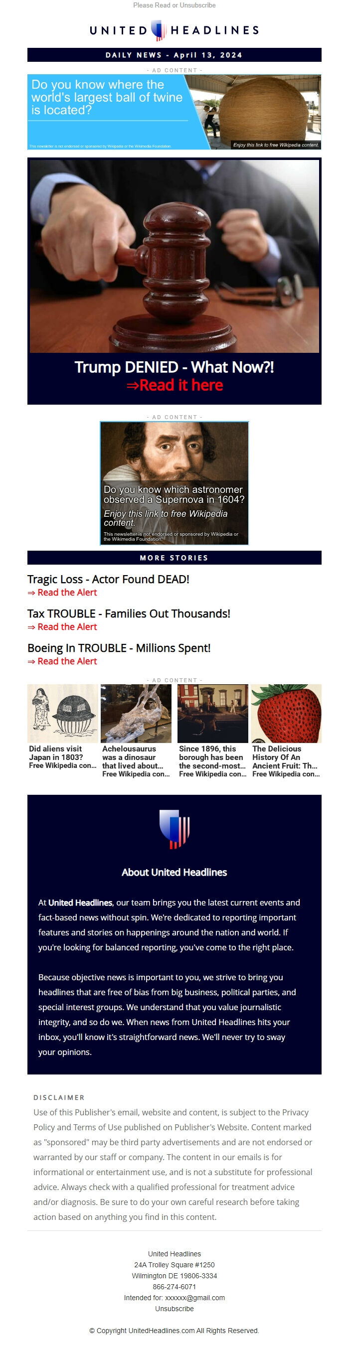 Screenshot of the email generated on import