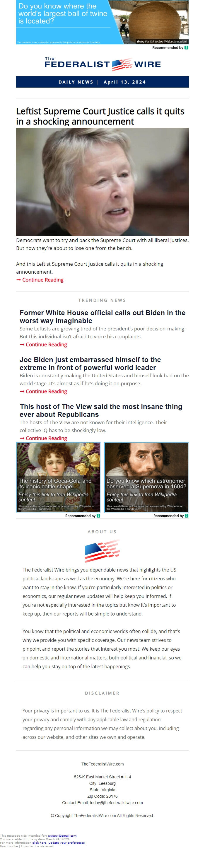 Screenshot of the email generated on import