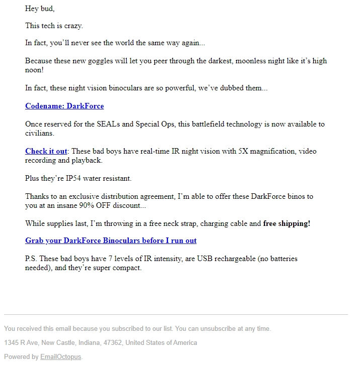 Screenshot of the email generated on import