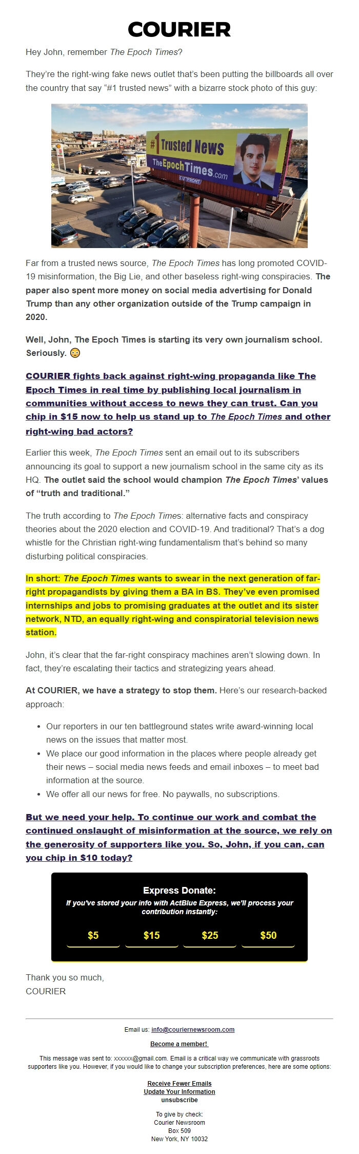 Screenshot of the email generated on import
