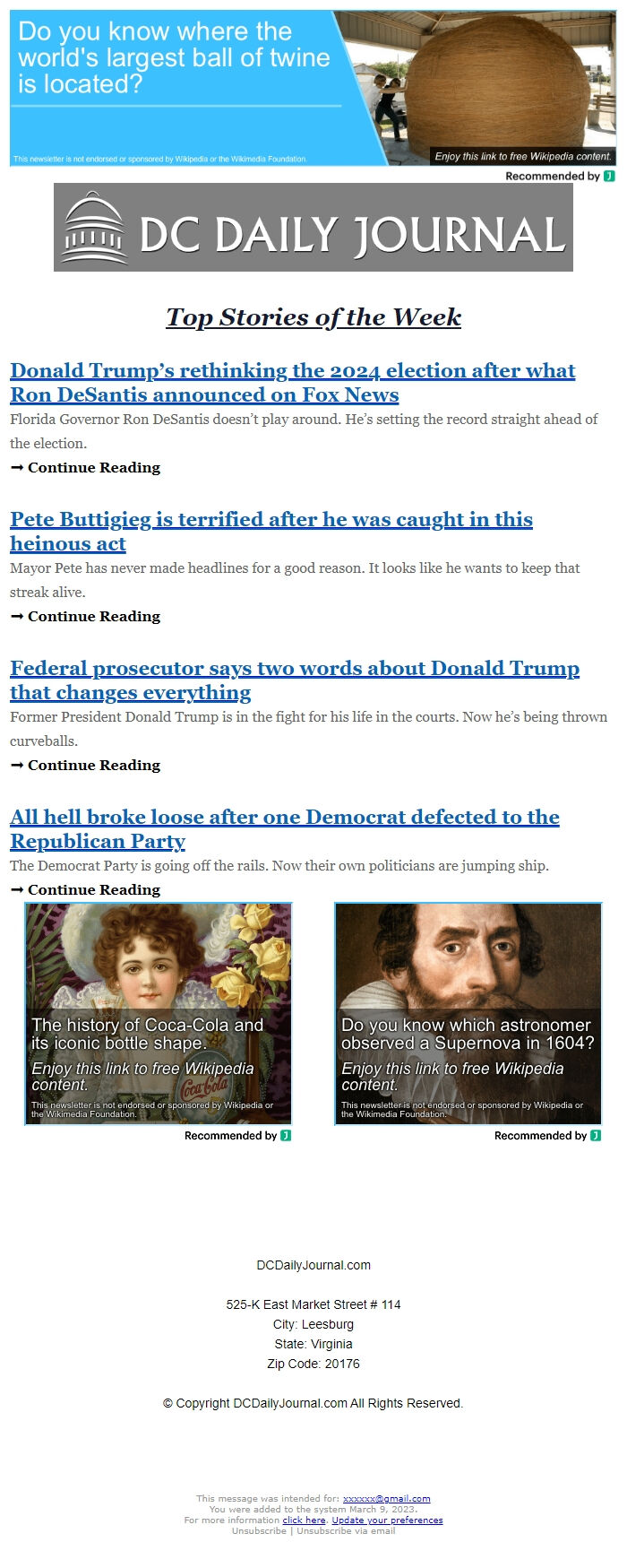 Screenshot of the email generated on import