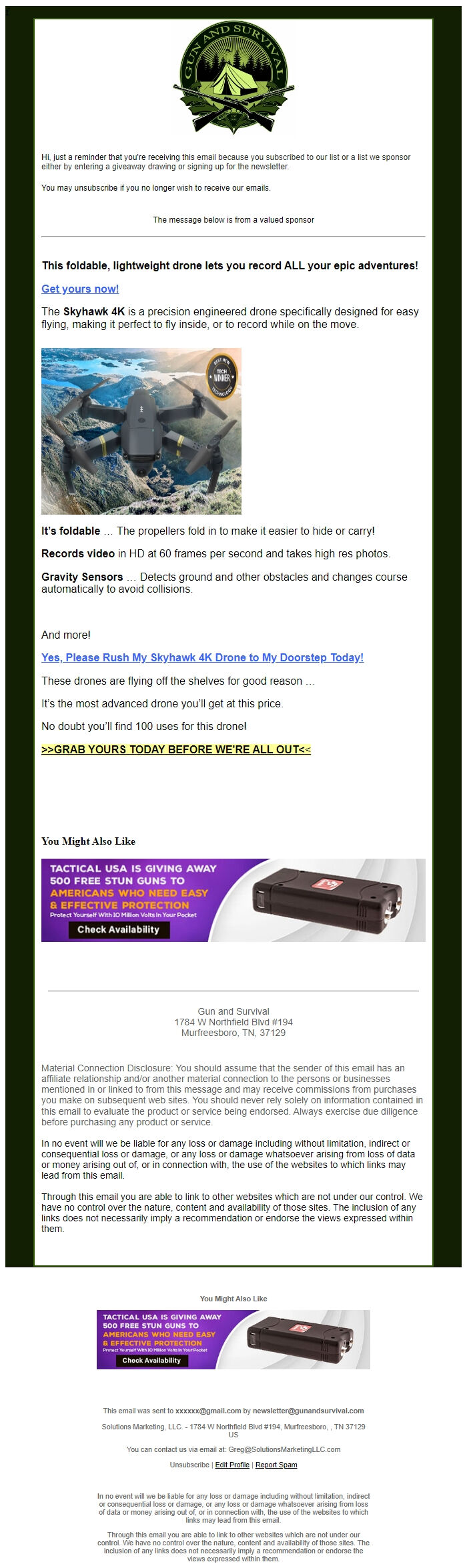 Screenshot of the email generated on import