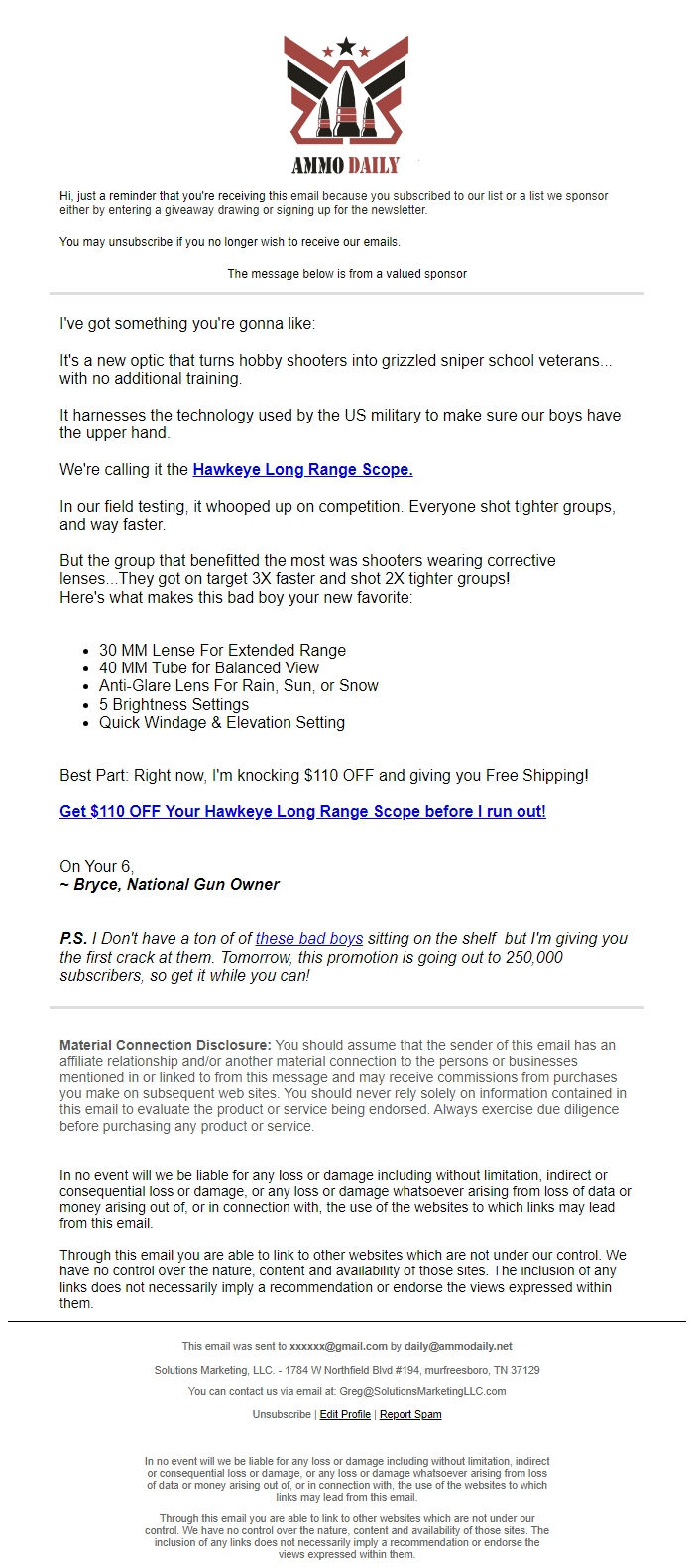 Screenshot of the email generated on import