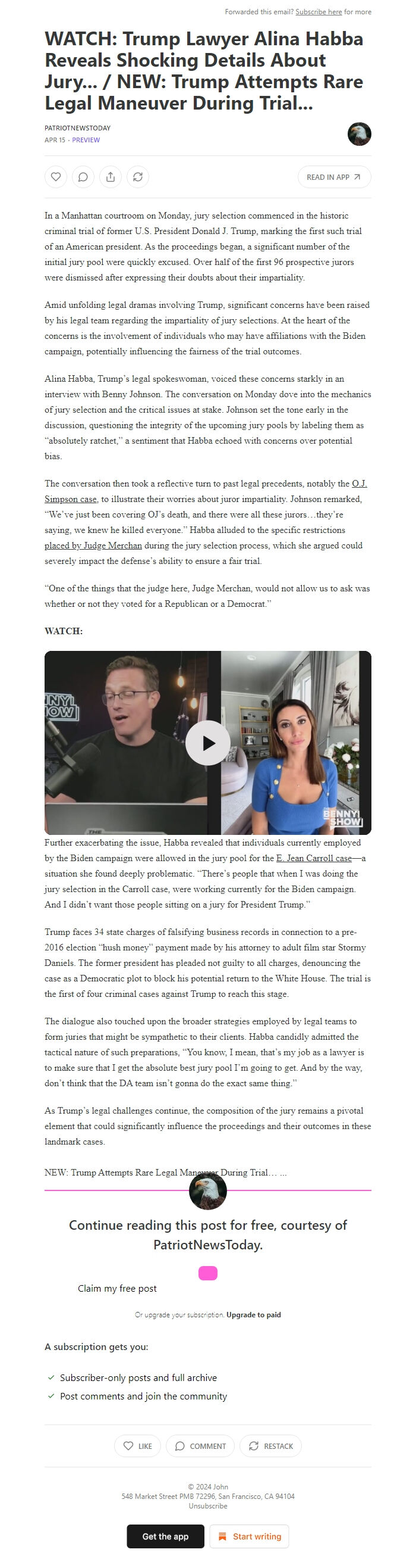 Screenshot of the email generated on import