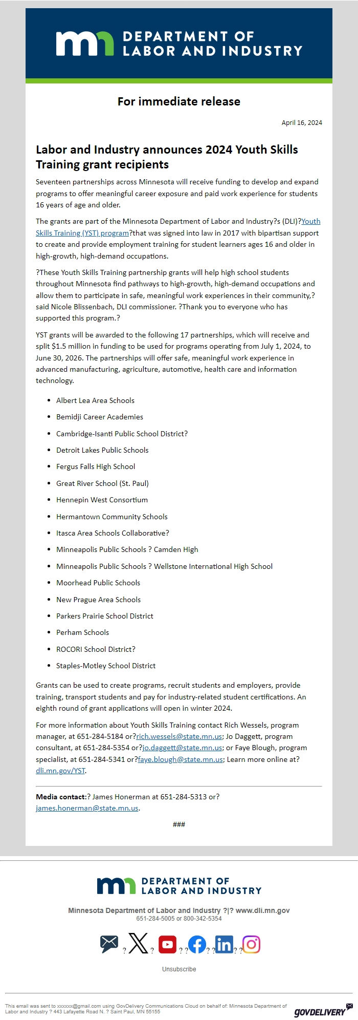Screenshot of the email generated on import
