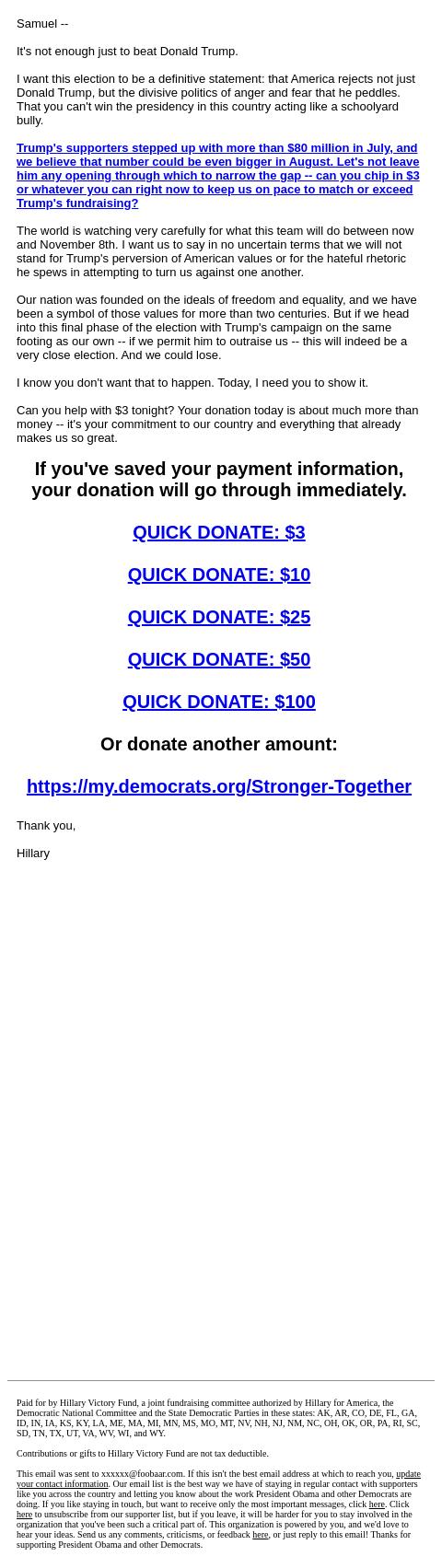 Screenshot of the email generated on import