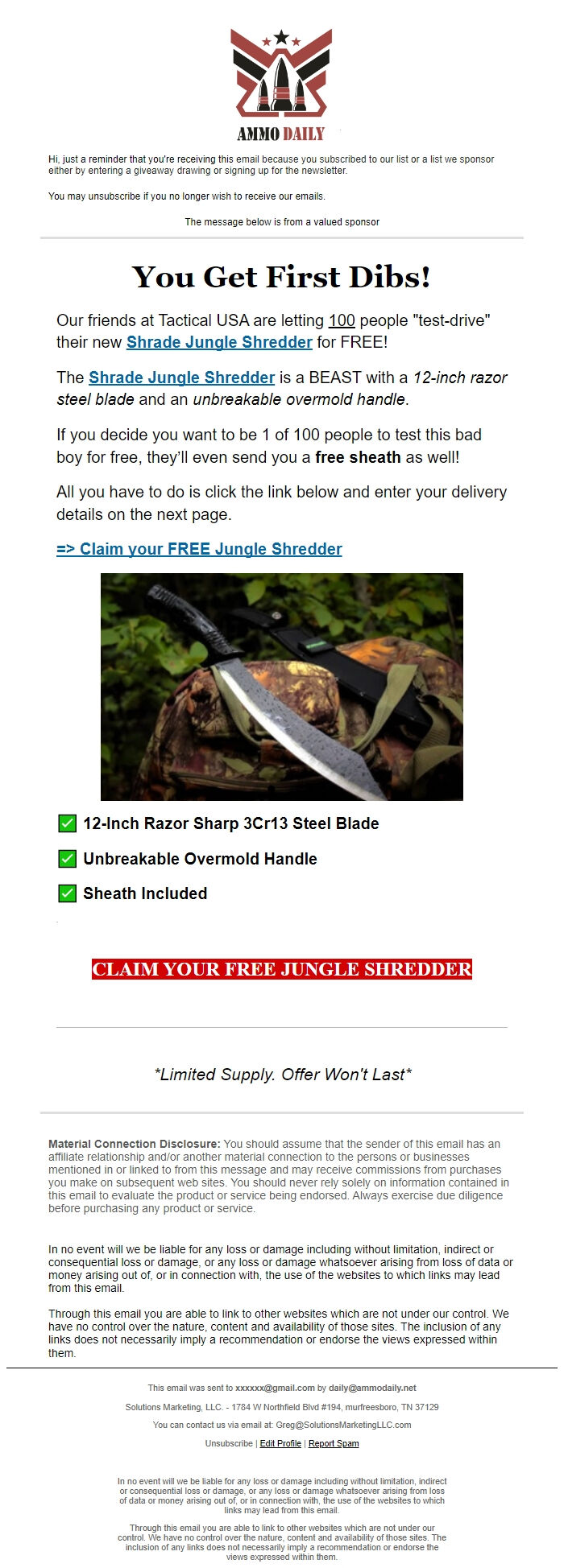 Screenshot of the email generated on import