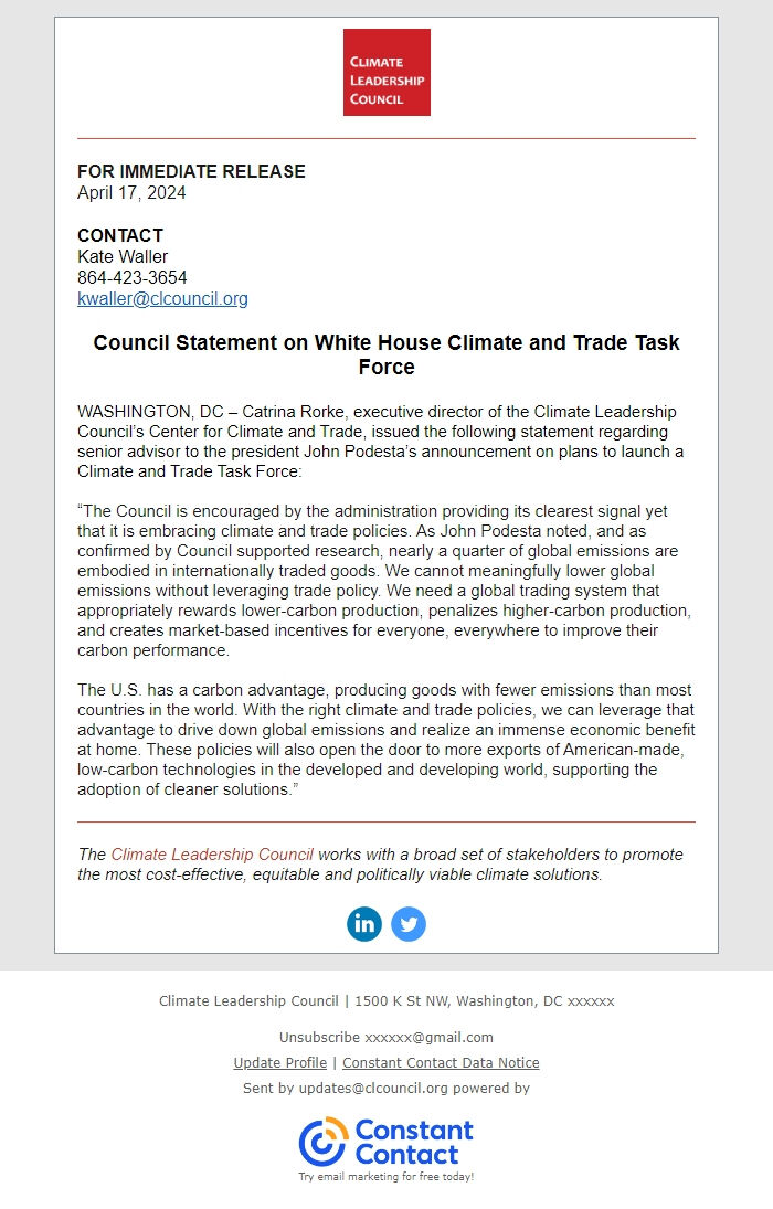 Screenshot of the email generated on import