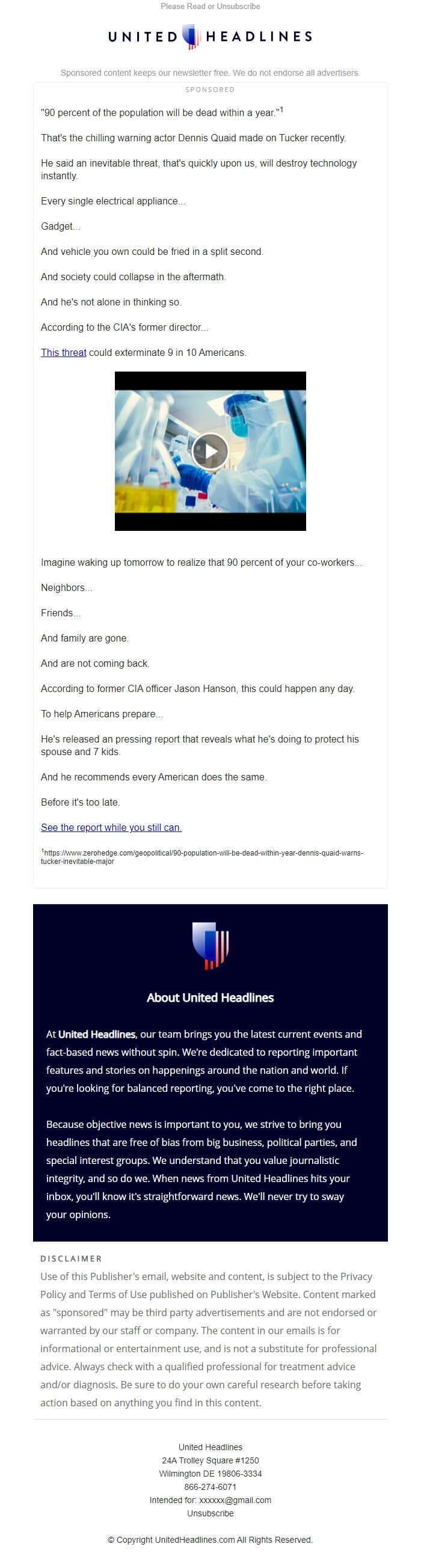 Screenshot of the email generated on import