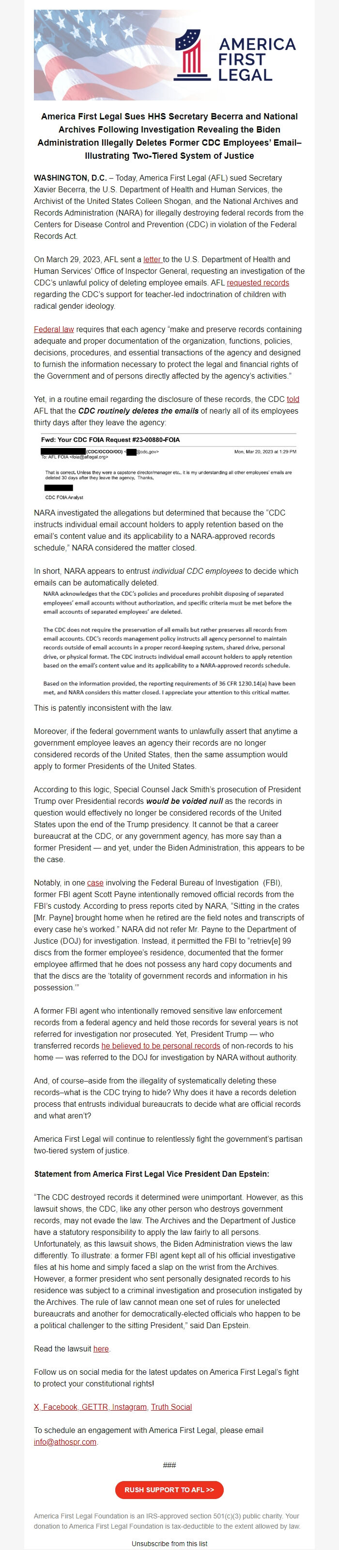 Screenshot of the email generated on import