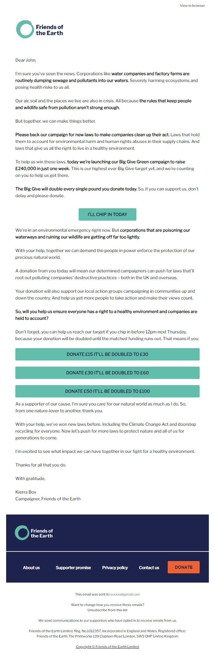 Screenshot of the email generated on import