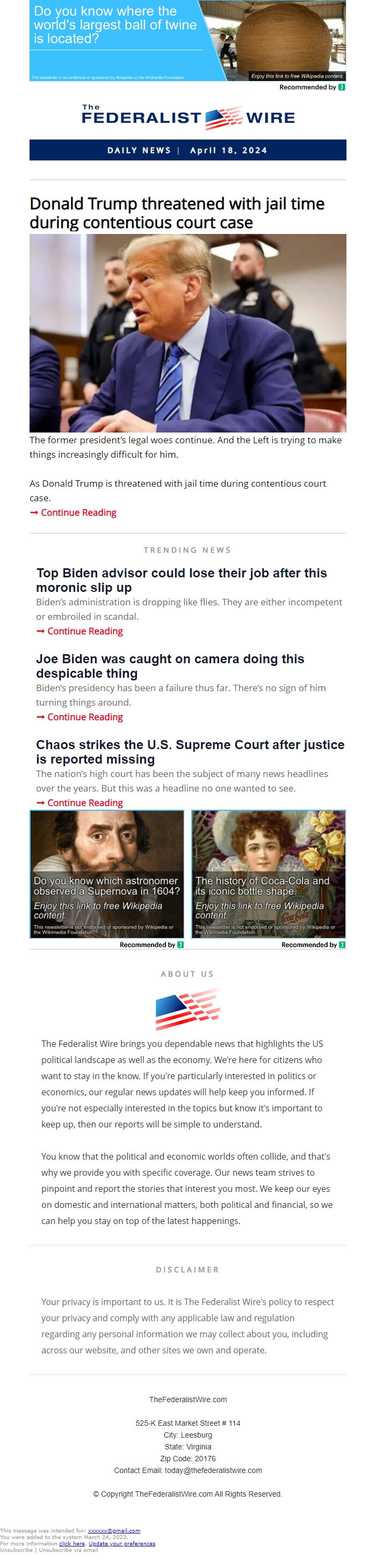 Screenshot of the email generated on import