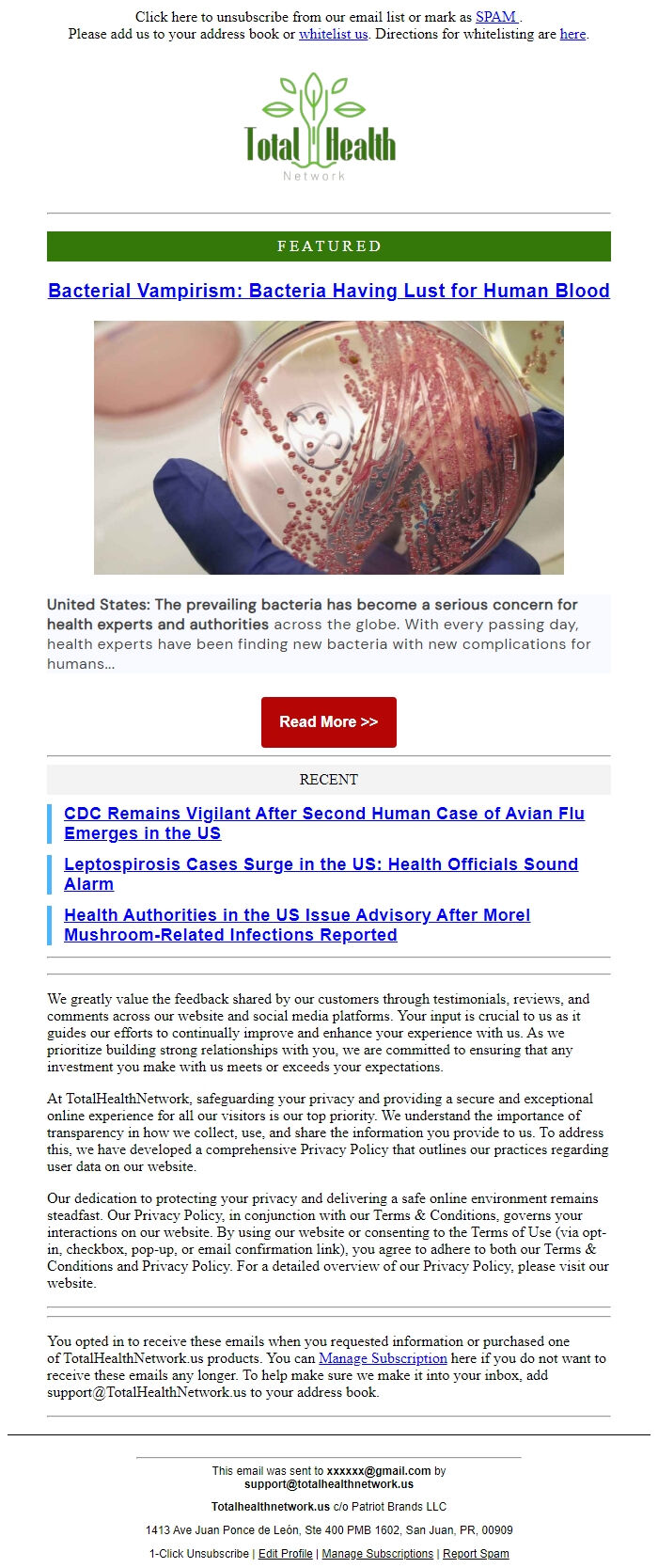 Screenshot of the email generated on import