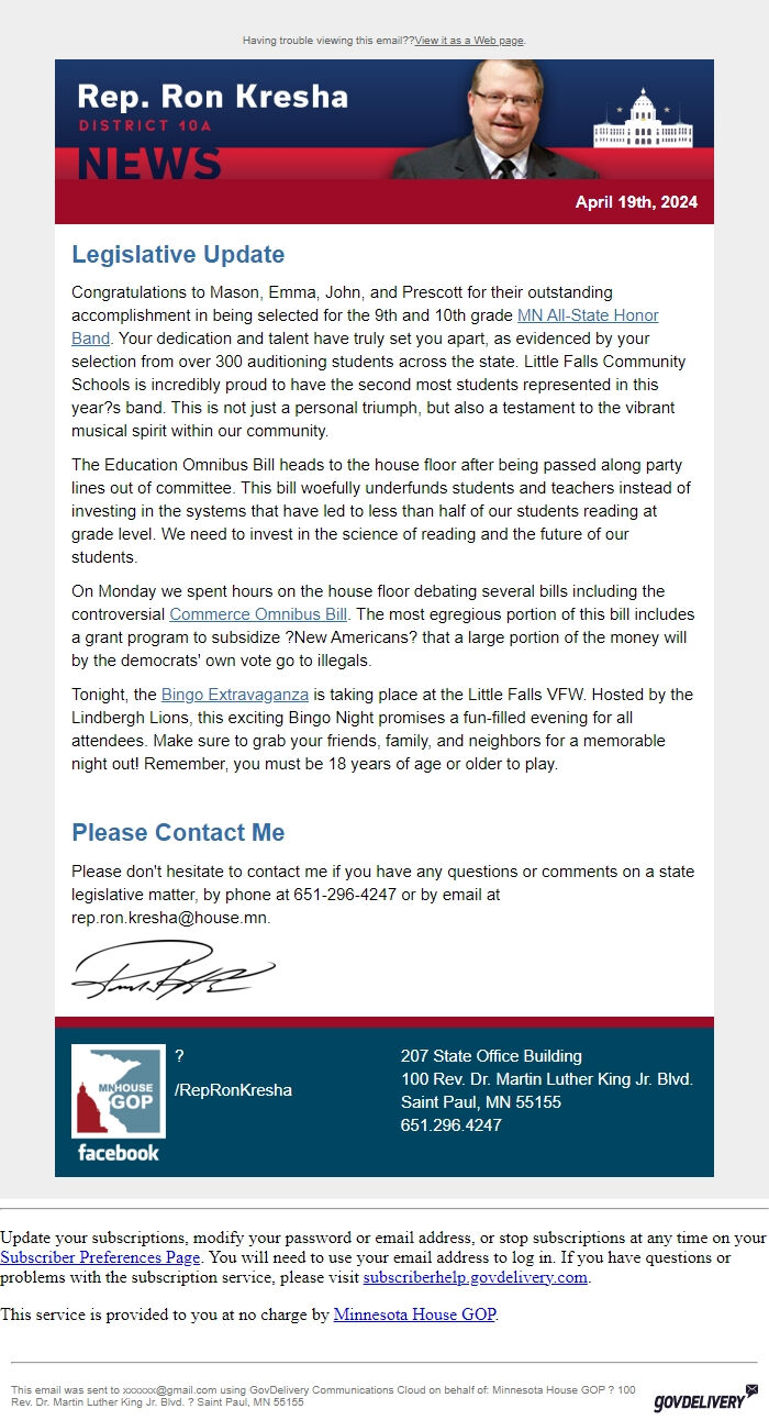 Screenshot of the email generated on import