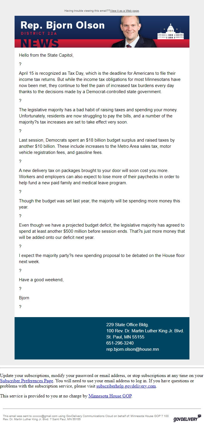 Screenshot of the email generated on import