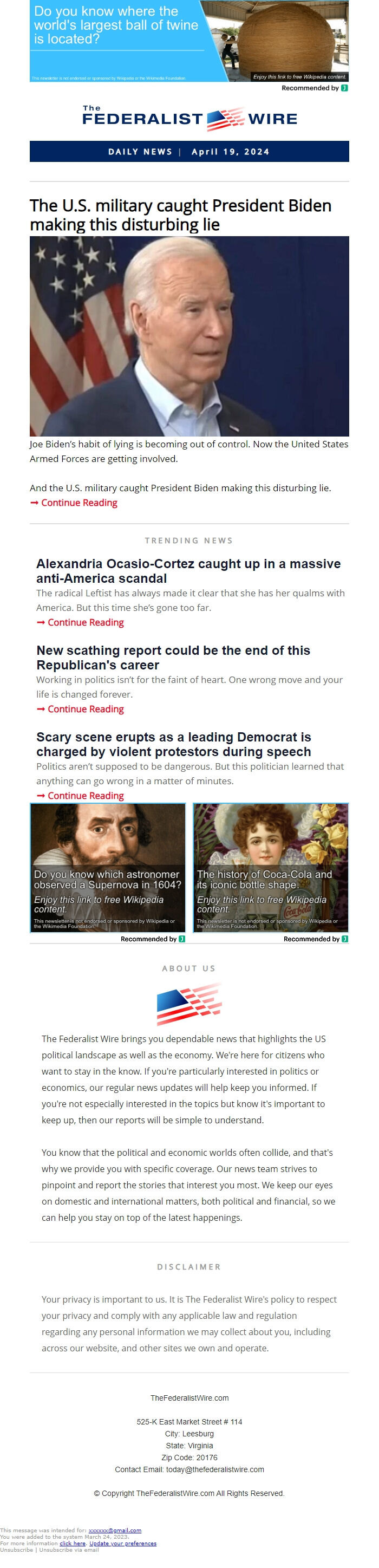 Screenshot of the email generated on import