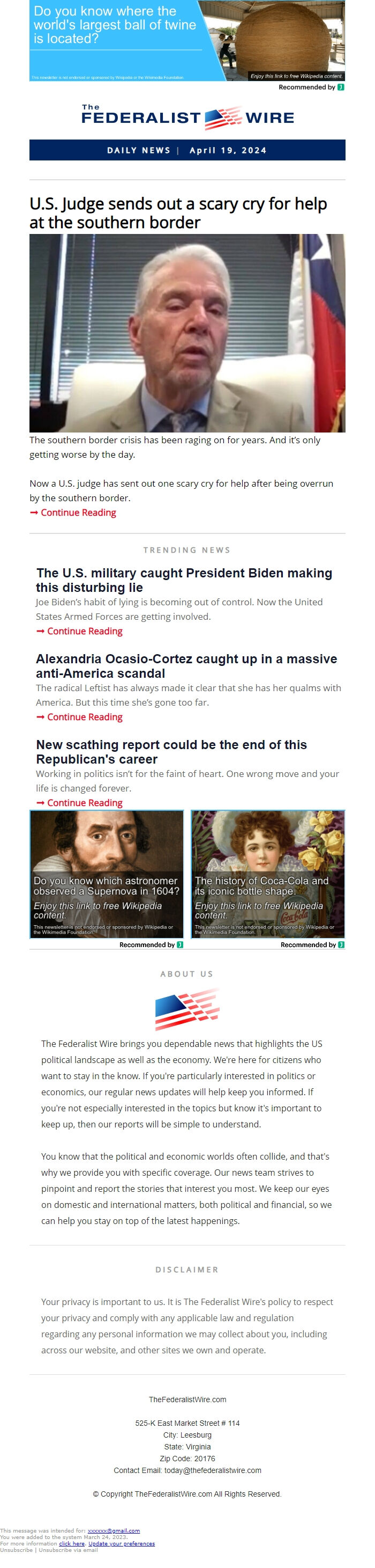 Screenshot of the email generated on import