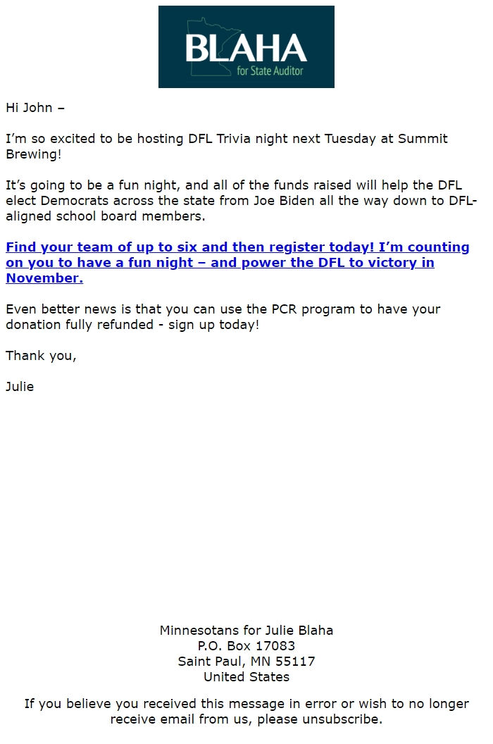 Screenshot of the email generated on import