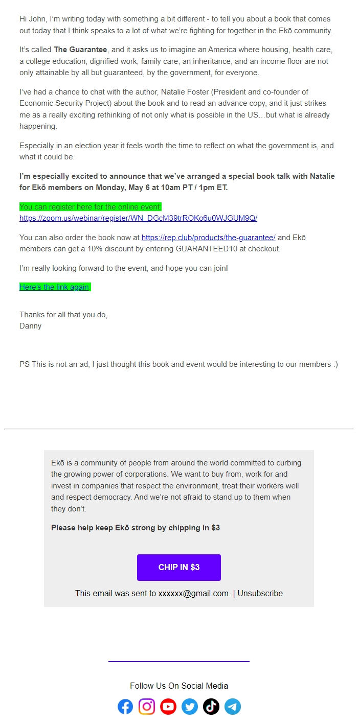 Screenshot of the email generated on import