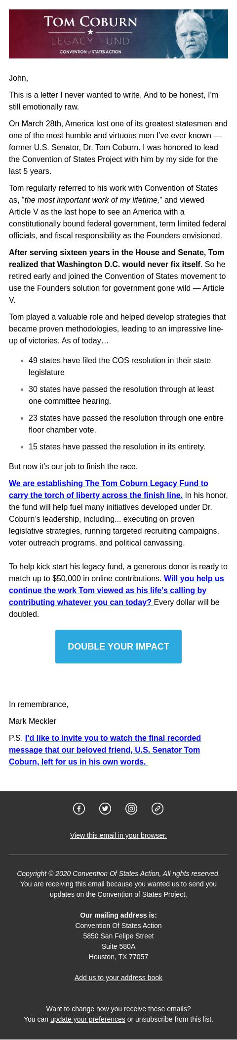 Screenshot of the email generated on import