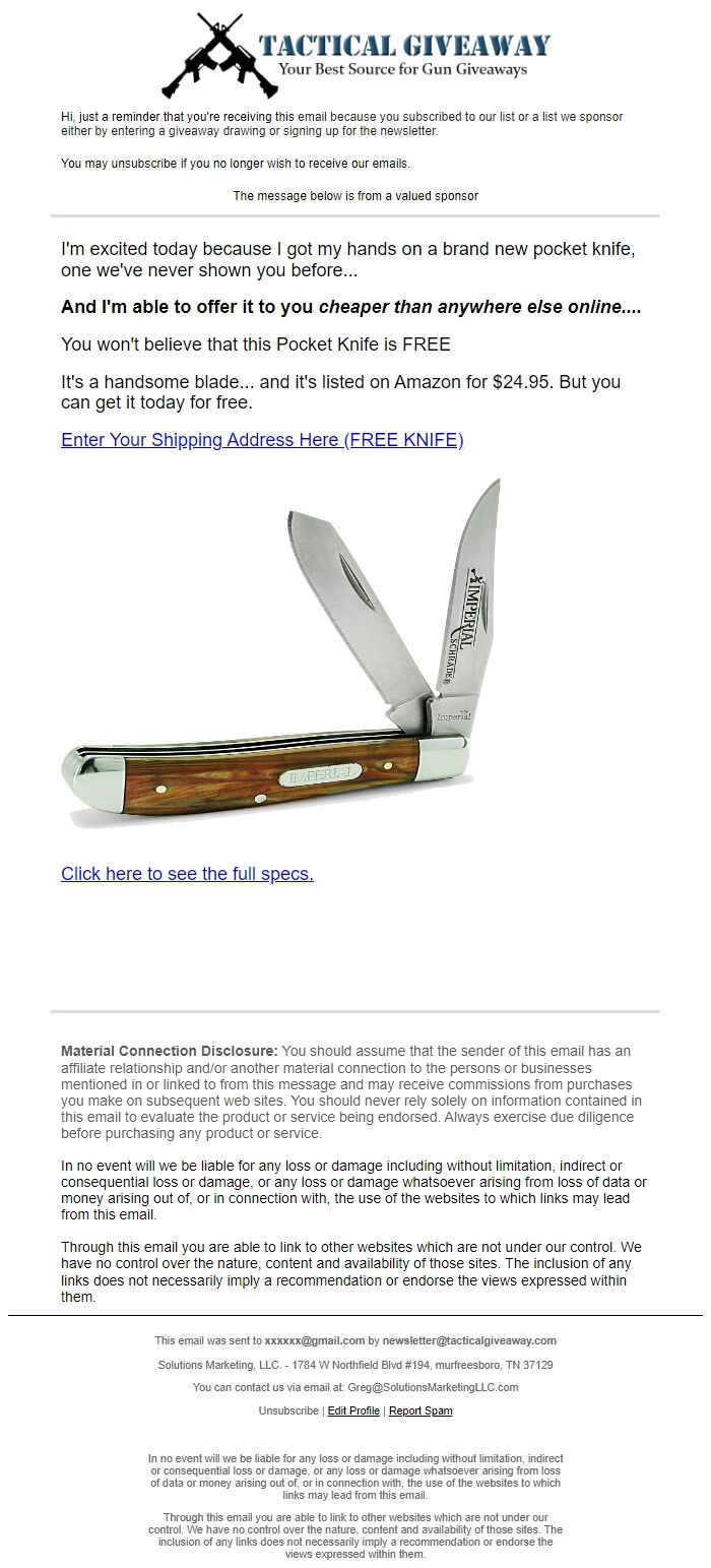 Screenshot of the email generated on import
