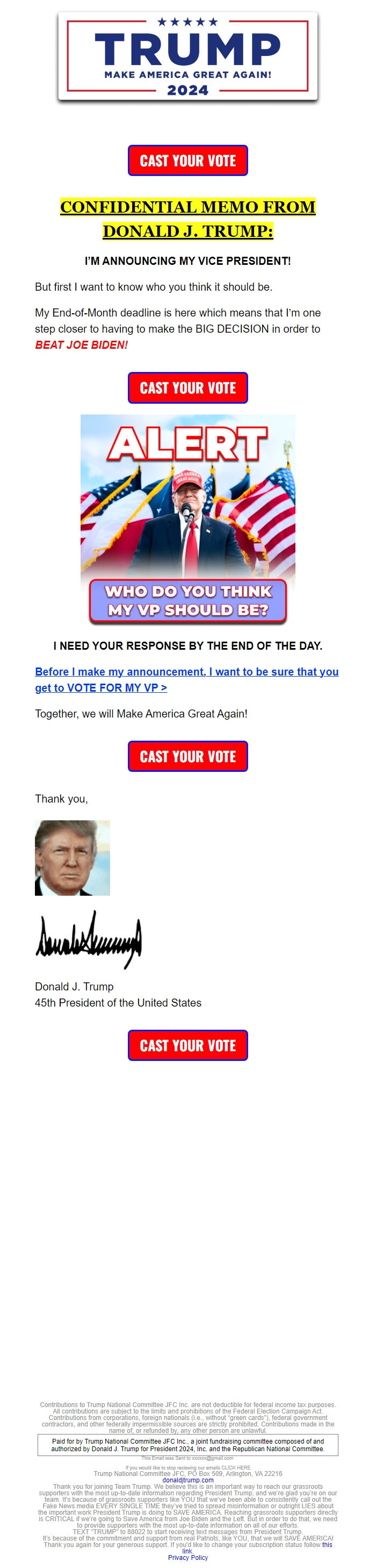 Screenshot of the email generated on import