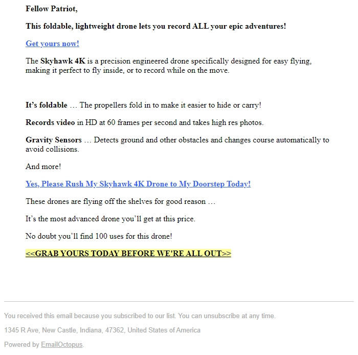 Screenshot of the email generated on import