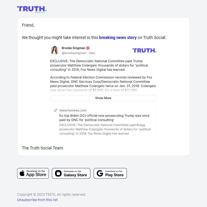 Screenshot of the email generated on import