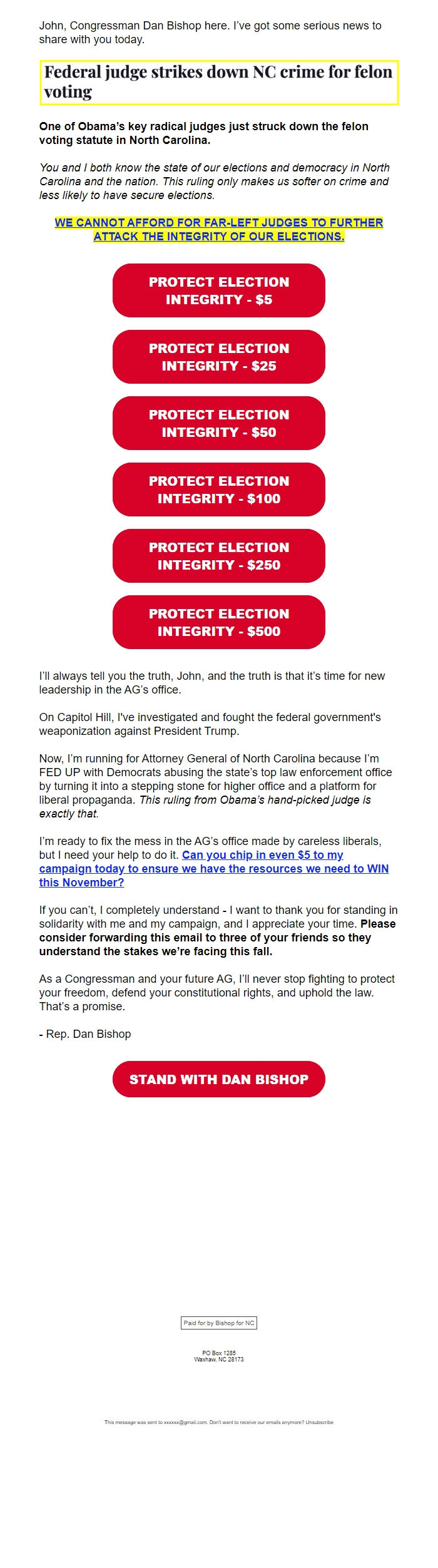 Screenshot of the email generated on import