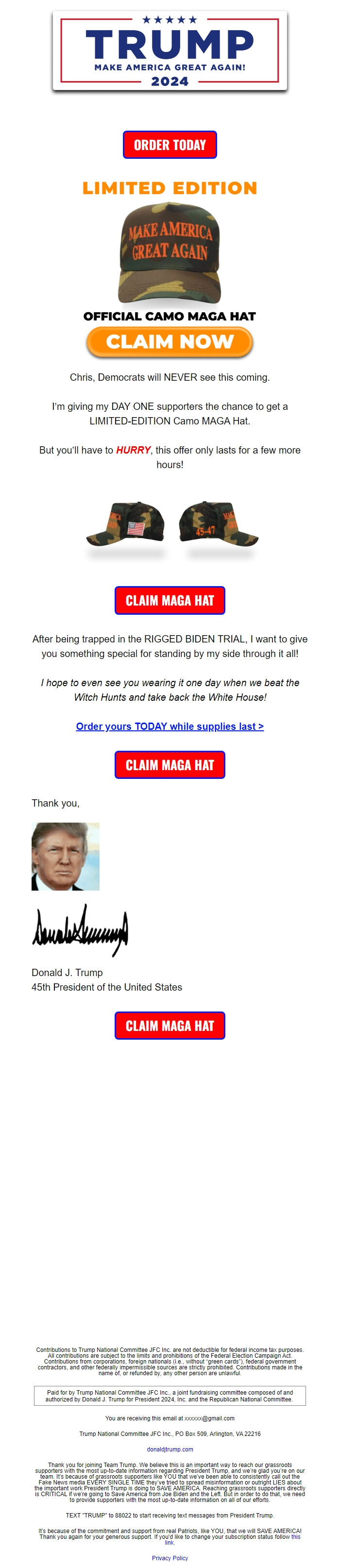 Screenshot of the email generated on import