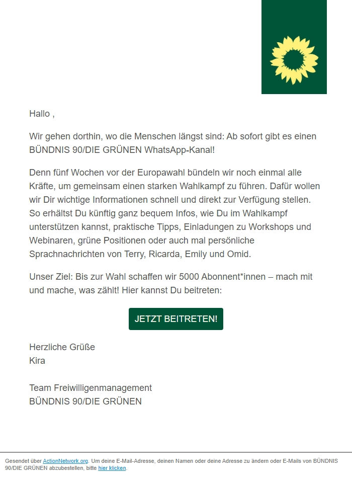 Screenshot of the email generated on import