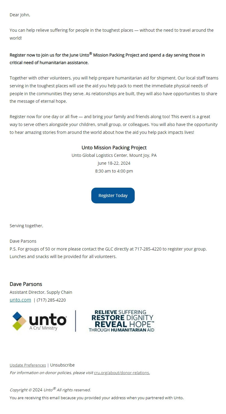 Screenshot of the email generated on import