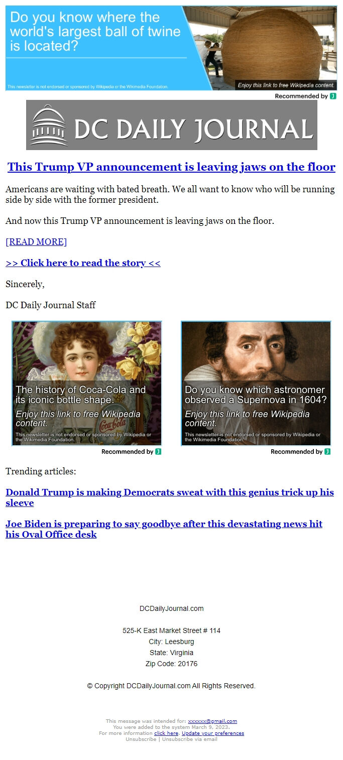 Screenshot of the email generated on import