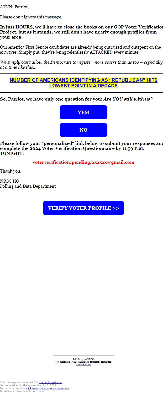 Screenshot of the email generated on import