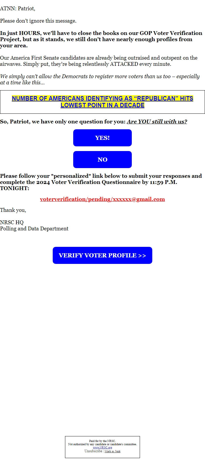 Screenshot of the email generated on import