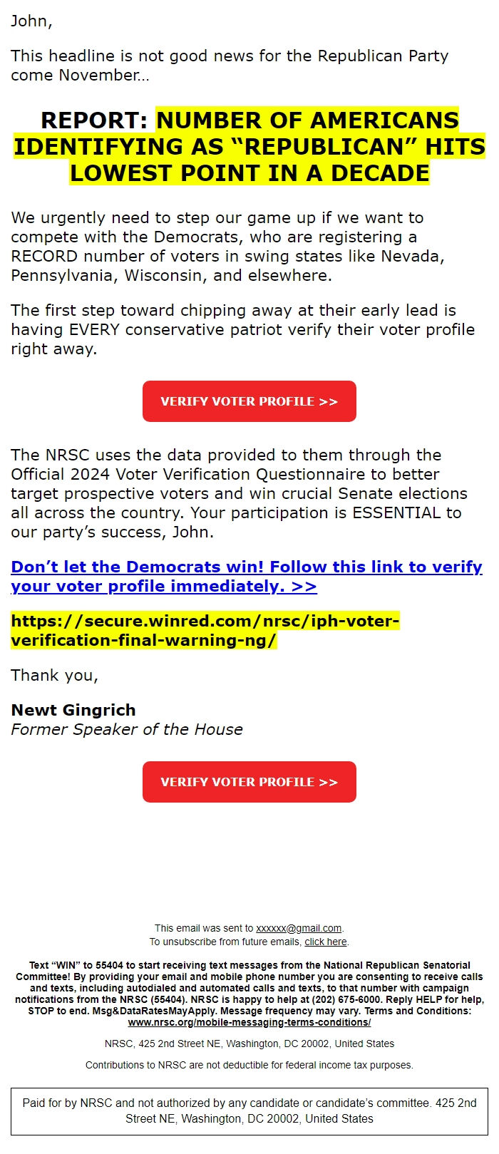 Screenshot of the email generated on import