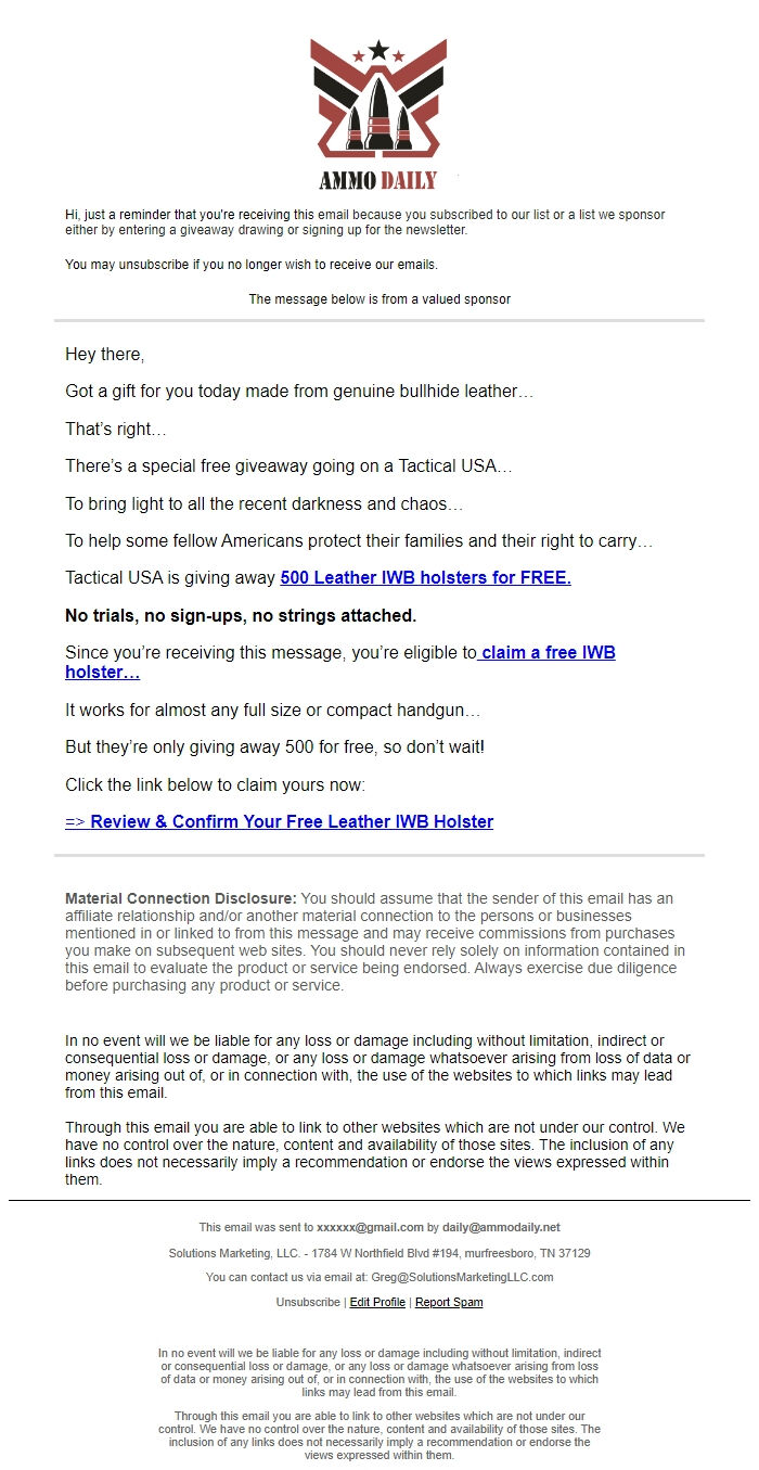 Screenshot of the email generated on import