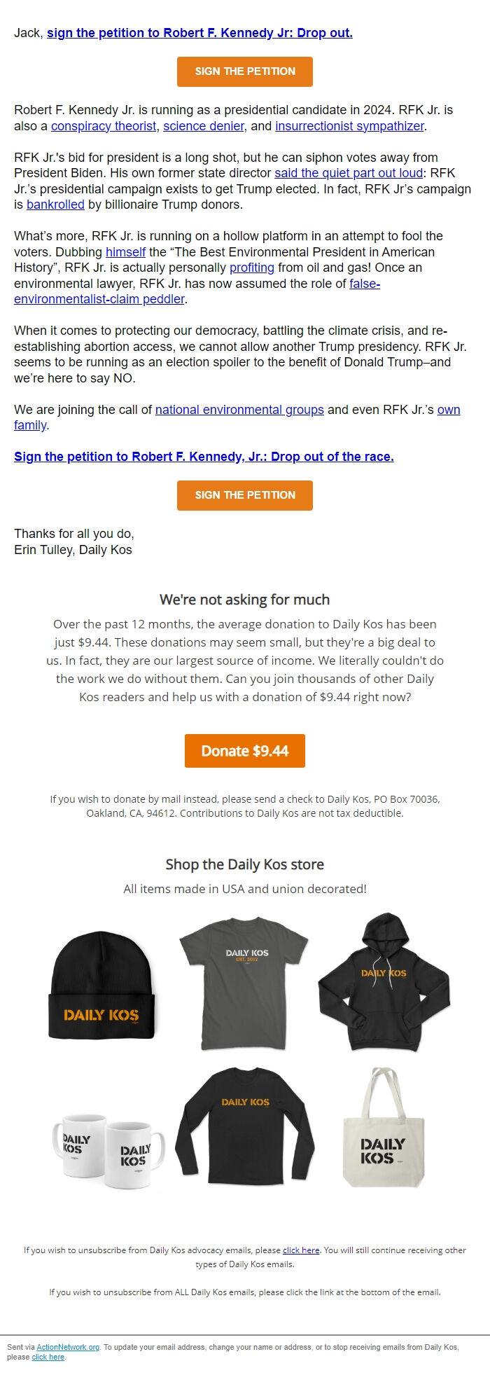 Screenshot of the email generated on import