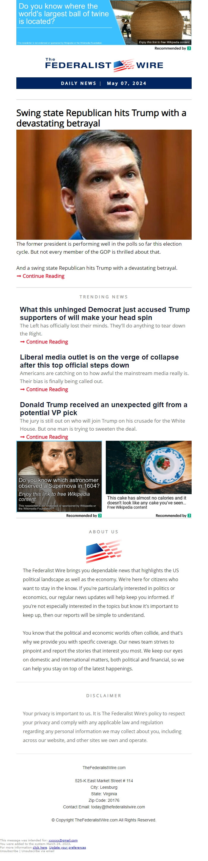 Screenshot of the email generated on import