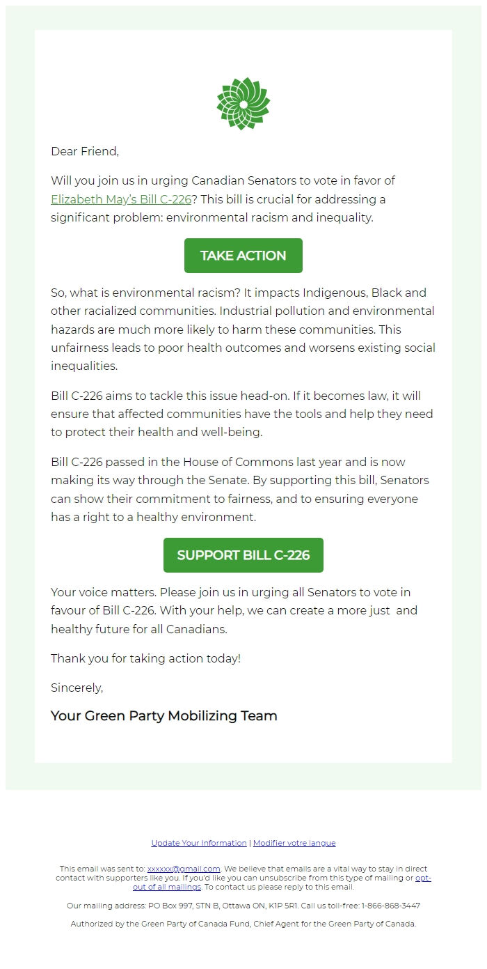 Screenshot of the email generated on import
