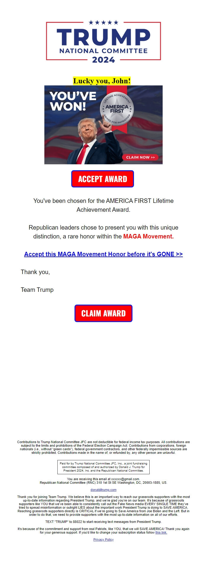 Screenshot of the email generated on import