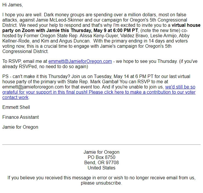 Screenshot of the email generated on import