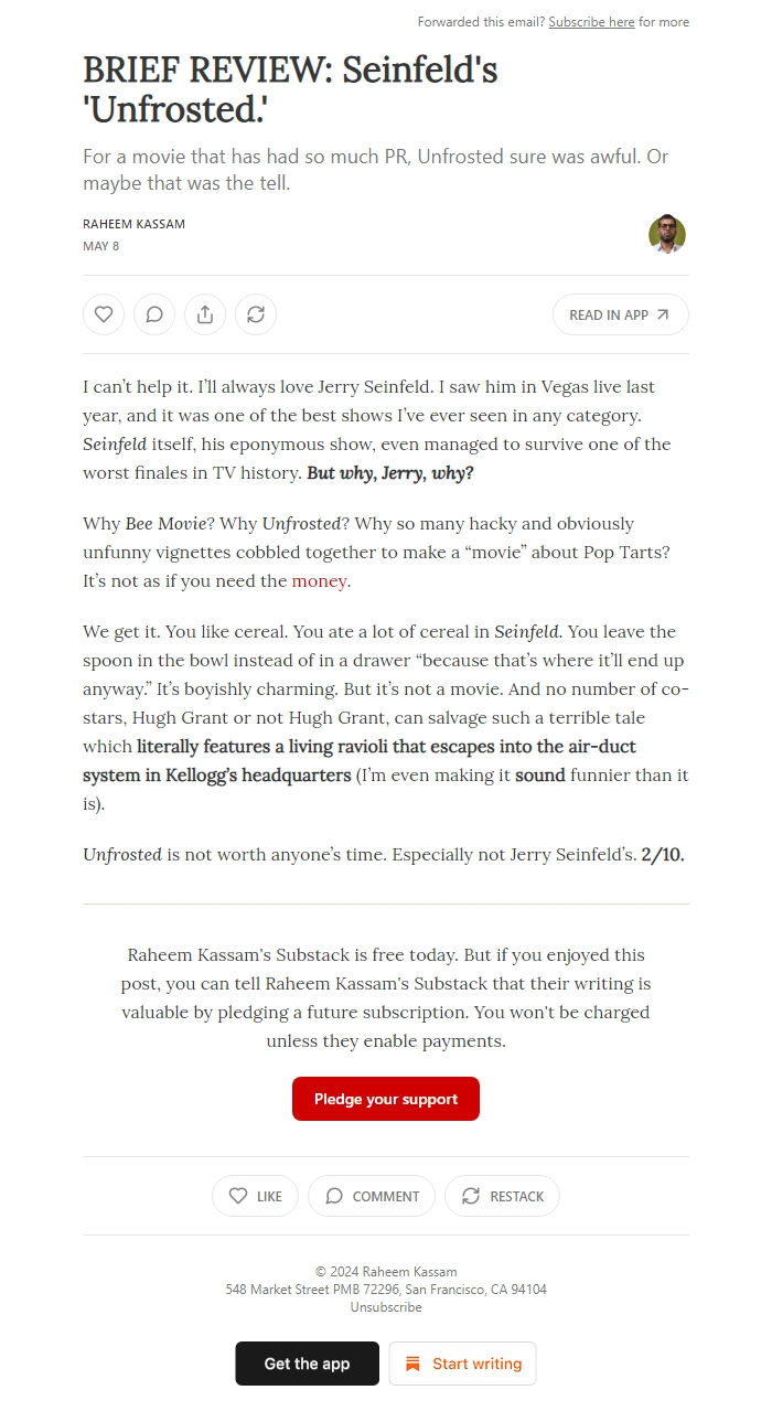 Screenshot of the email generated on import