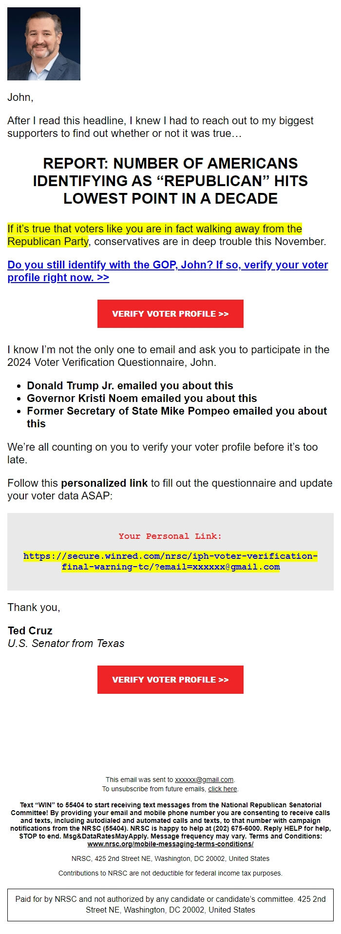 Screenshot of the email generated on import