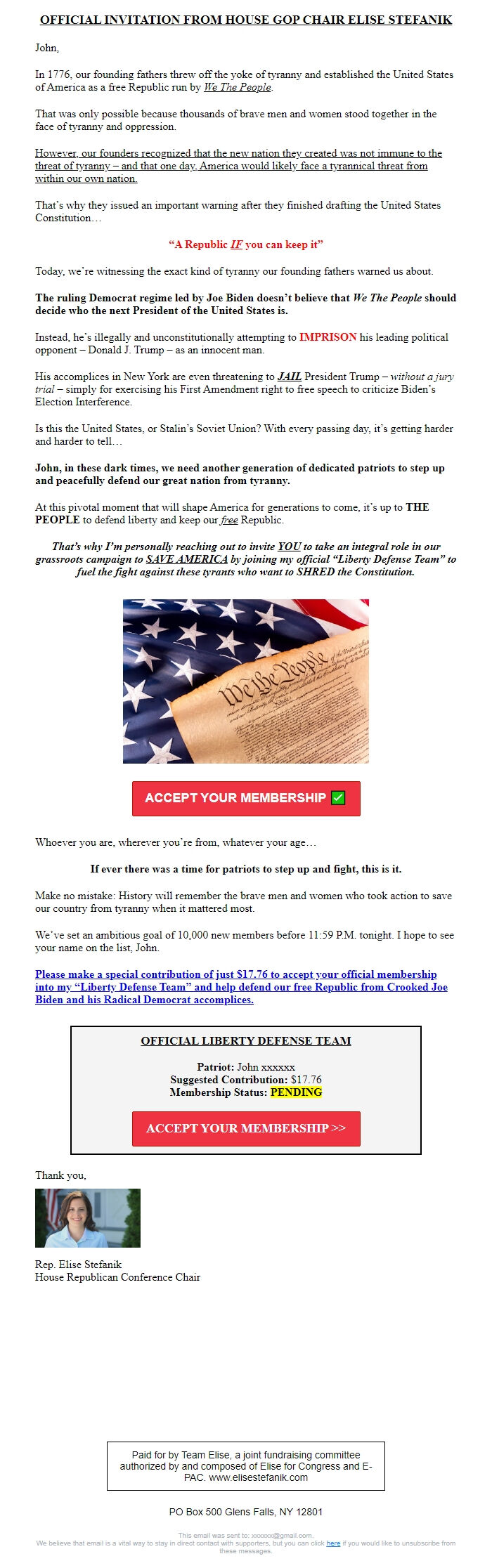 Screenshot of the email generated on import