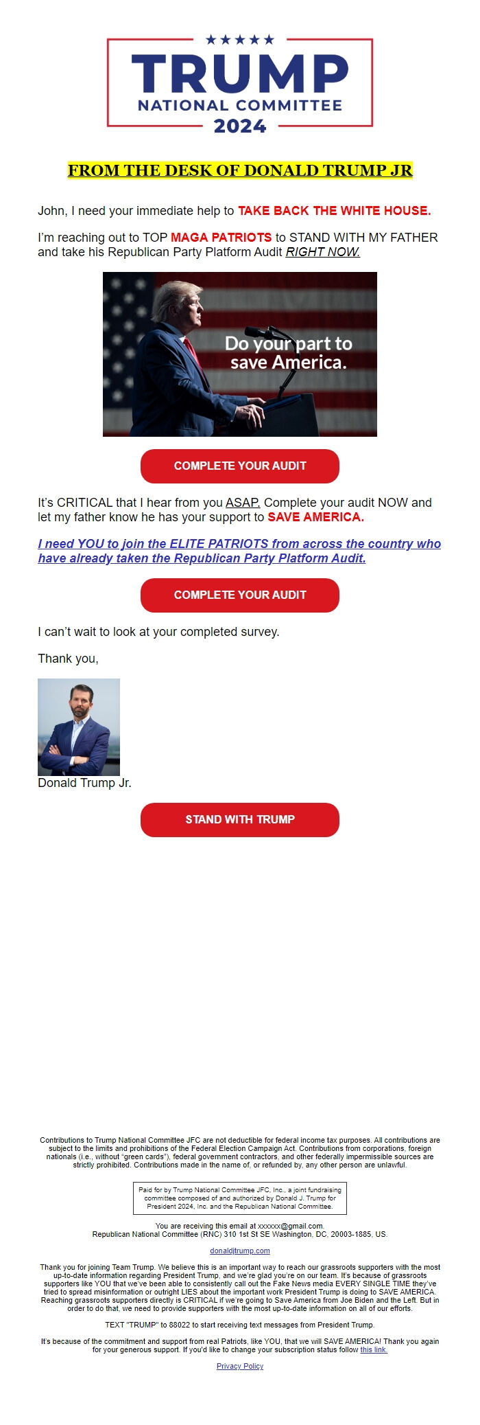 Screenshot of the email generated on import