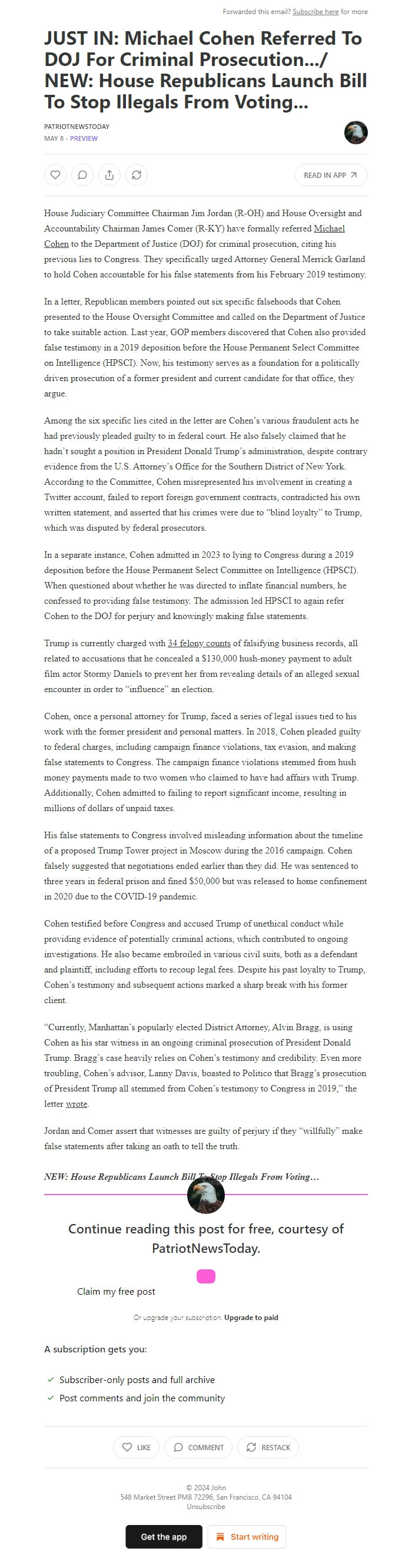 Screenshot of the email generated on import